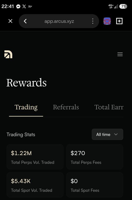 A mobile screenshot shows the Arcus.xyz app Rewards page displaying trading statistics including $1.22M Total Perps Vol. Traded and $270 Total Perps Fees.