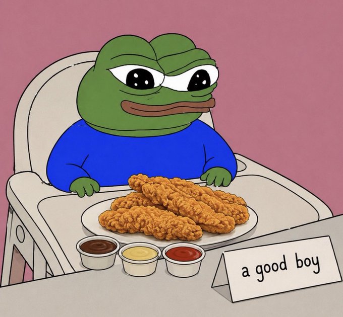A cartoon Pepe the Frog wearing a blue shirt sits in a high chair in front of a plate of fried chicken tenders with three dipping sauces, with a card reading 'a good boy' on the table.