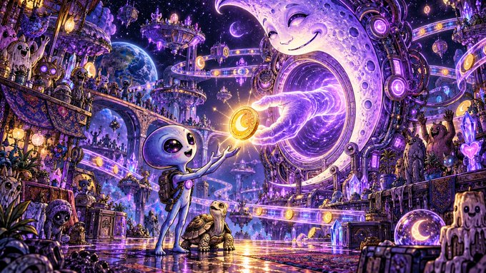 A vibrant purple-toned fantasy illustration featuring a small alien character holding out a glowing coin toward a large crescent moon with a face, surrounded by cosmic architecture, a turtle, and various creatures.