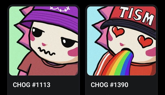 Two NFT character cards are displayed side by side: "CHOG #1113" on the left, showing a purple-hatted figure with a mischievous expression, and "CHOG #1390" on the right, featuring a red "TISM"-capped character with heart eyes and a rainbow tongue. The post appears to reference these specific NFTs (or similar ones), warning that the owner had their wallet compromised and the items were sold at floor price, urging followers to stay safe.