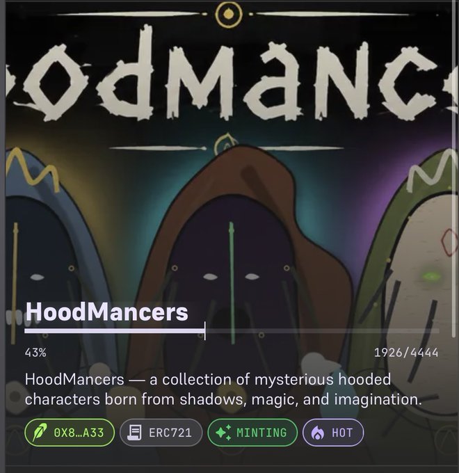 NFT project page for 'HoodMancers' — 'a collection of mysterious hooded characters born from shadows, magic, and imagination,' with 43% minted (1926/4444), tagged 'HOT' and 'MINTING.'