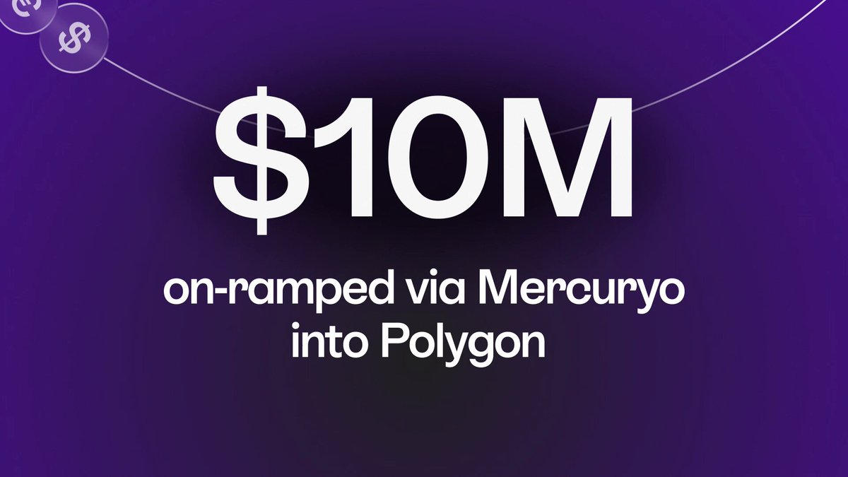The image features a banner advertisement for Mercuroyo that states "On-ramped via Mercuroyo into Polygon : Volume keeps flowing in $10M+ on-ramped. Zero friction. We make the user experience as simple as possible for users to explore and build on Polygon". The background of the image is purple, and there is a white dollar sign with the word "$" written underneath it, indicating that this advertisement might be promoting a project related to currency or financial services.