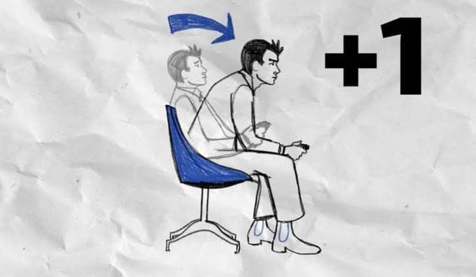 An illustration on a crumpled paper background shows a person sitting upright in a blue office chair with a faded ghosted figure behind them and a curved arrow, accompanied by a '+1' symbol.