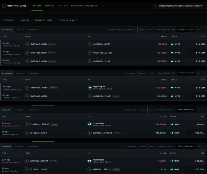 A blockchain explorer interface (Onchain Lens) showing transactions on Hyperliquid with token transfers of HYPE valued around $10.39M-10.17M.