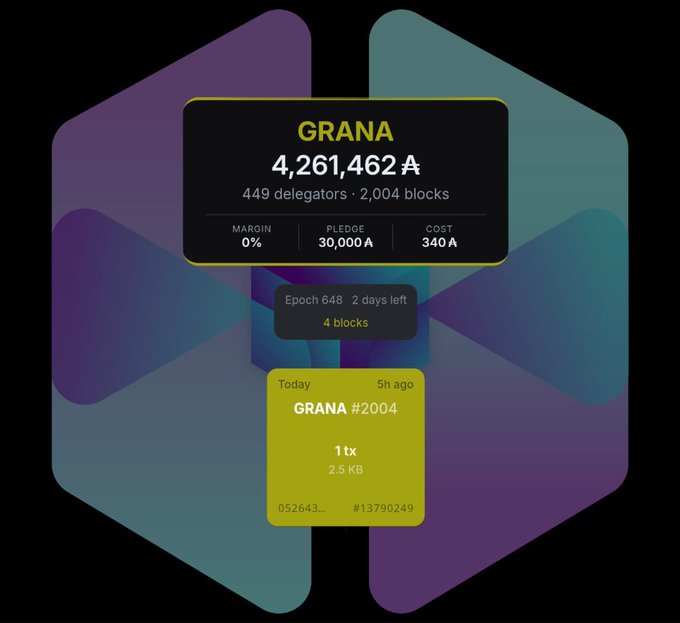A digital dashboard panel labeled 'GRANA' showing 4,261,462 A tokens, 449 delegators, 2,004 blocks, with MARGIN 0%, PLEDGE 30,000 A, COST 340 A, and Epoch 648 information, plus a 'GRANA #2004' transaction card.