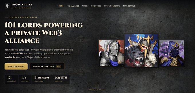 Screenshot of the IROH ALLIES website showing '101 LORDS POWERING A PRIVATE WEB3 ALLIANCE' with character illustrations and a 0.25 ETH mint price on Ethereum.