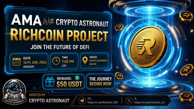 The image shows a poster that promotes a cryptocurrency event, specifically focusing on RICHCOIN Project. The poster features an illustration of a spaceship surrounded by a golden coin with blue and green lights around it. It displays the time of 7 PM (19:00), indicating the start of the event. There is also a text box present in the image that provides details about the event, such as its theme and purpose. The event is open to all and does not accept any fees or donations. It will begin now and aims to promote a future project with decentralization capabilities through a unique coin design that combines elements of space exploration and cryptocurrency usage.