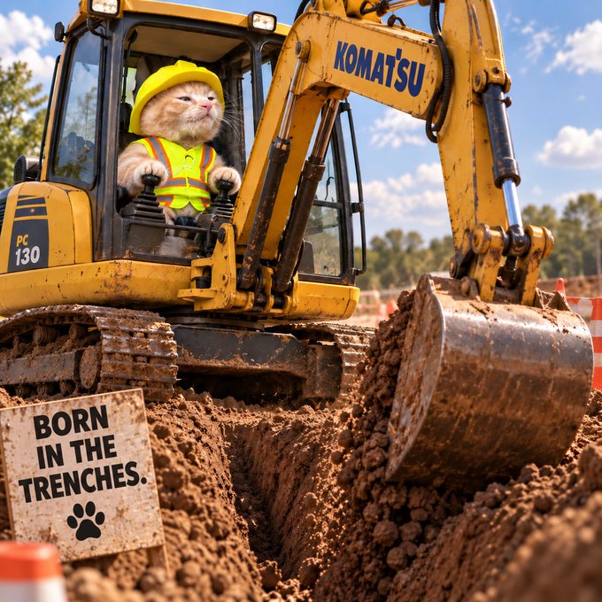 A humorous digitally edited image of a cat wearing a yellow hard hat and safety vest operating a Komatsu PC130 excavator in a dirt trench, with a sign reading "Born in the Trenches."