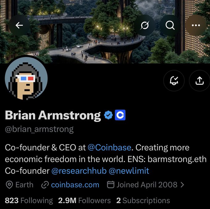 Twitter/X profile of Brian Armstrong (@brian_armstrong), Co-founder & CEO at Coinbase, with 2.9M followers, joined April 2008, featuring a pixel-art profile picture and cover image of a futuristic green cityscape.