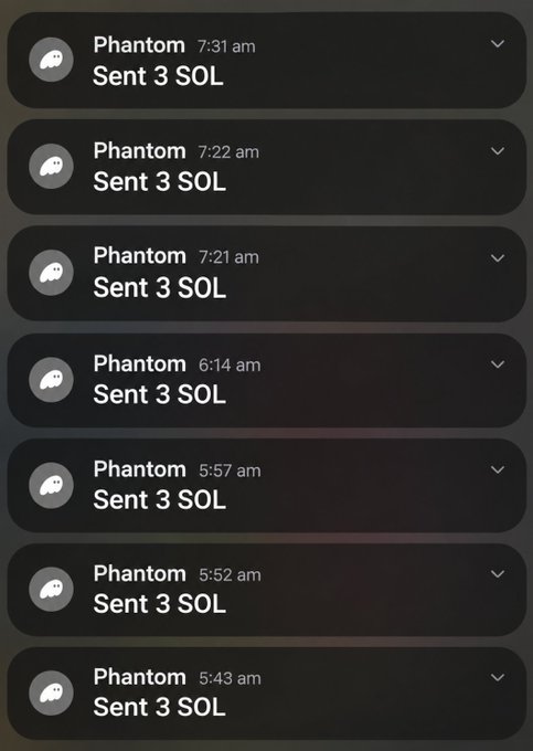 A screenshot of multiple Phantom wallet notifications indicating several transactions of 'Sent 3 SOL' between 5:43 am and 7:31 am.