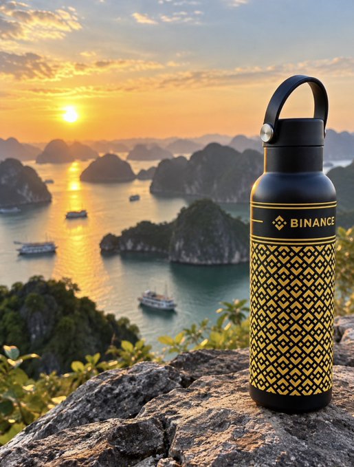 A black water bottle with gold geometric patterns and the "BINANCE" logo sits on a rocky ledge overlooking a stunning sunset over Halong Bay's limestone karsts and boats, matching the "GM Binance fam" greeting with a scenic crypto-themed morning vibe.