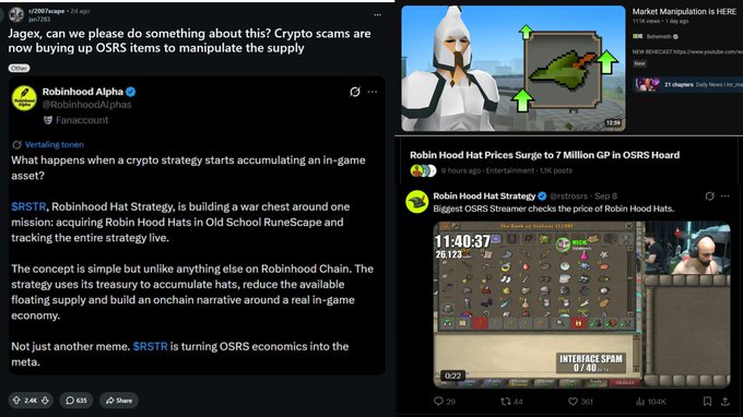 A social media collage of posts discusses the 'Robinhood Hat Strategy' (ticker $RSTR) and 'OSRS' (Old School RuneScape), with headlines like 'Robin Hood Hat Prices Surge to 7 Million GP in OSRS Hoard' and 'Market Manipulation is HERE'.