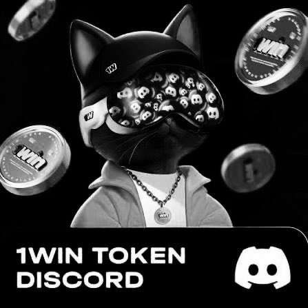 A promotional graphic for '1WIN TOKEN DISCORD' features a black-and-white 3D cat wearing goggles filled with Discord logos, surrounded by floating 1WIN cryptocurrency coins against a black background.