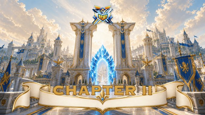 A grand fantasy kingdom featuring golden castles and blue banners with a glowing crystalline portal, overlaid with the text "CHAPTER II" on a ribbon banner to announce the XLords Alpha: Chapter II update.