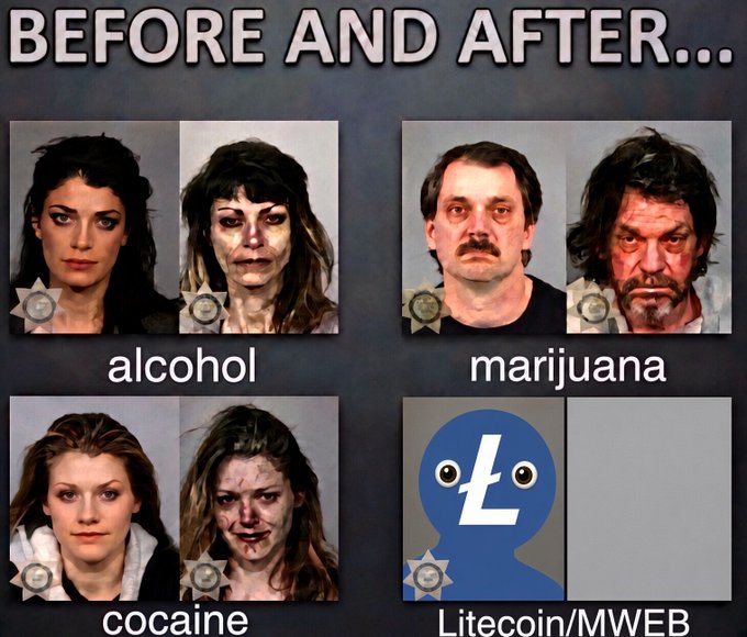 The image is a "BEFORE AND AFTER..." comparison meme showing the effects of alcohol, marijuana, and cocaine on people's appearances (all showing negative transformations), while the fourth panel for "Litecoin/MWEB" shows only a blank/empty "after" image with just the Litecoin logo (Ł) remaining unchanged, humorously suggesting that Litecoin doesn't cause any negative effects—aligning with the post's claim that "Litecoin is the right coin."