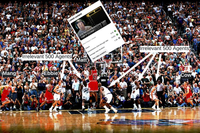 A basketball game in progress is overlaid with text labels pointing to different players, including 'Mang', 'Ebbie', 'Matt', 'Cow', and 'Irrelevant 500 Agents', with a text conversation screenshot also visible.