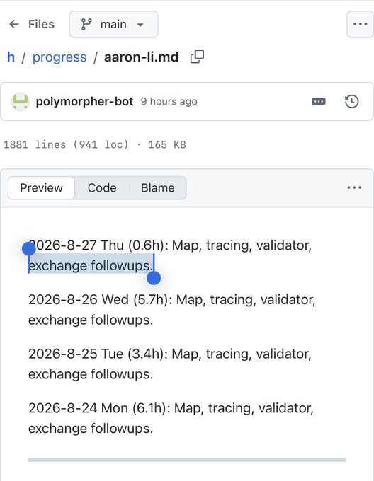 A GitHub file preview showing a markdown file titled 'aaron-li.md' in the 'progress' folder, with entries dated August 24-27 listing hours and activities like 'Map, tracing, validator, exchange followups.'