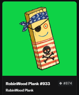 A cartoon pirate-themed wooden plank titled "RobinWood Plank #933" (#574) is displayed on a green background, featuring a bandana, eye patch, smiling face, and skull-and-crossbones symbol. The image aligns with the post's playful pirate giveaway theme of "Planks" being dropped to a winner, with $Plank likely being a crypto token reference.
