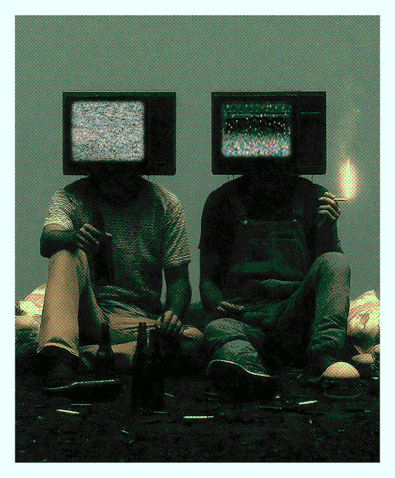 A surreal, stylized artwork showing two seated figures whose heads are replaced by old television sets displaying static and color bars, with one figure holding a lit match.