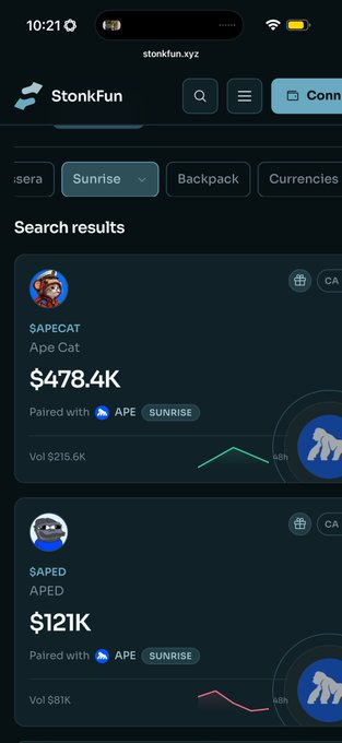Screenshot of the StonkFun.xyz website showing search results for tokens on the Sunrise chain, including $APECAT (Ape Cat) at $478.4K market cap and $APED at $121K, both paired with APE.