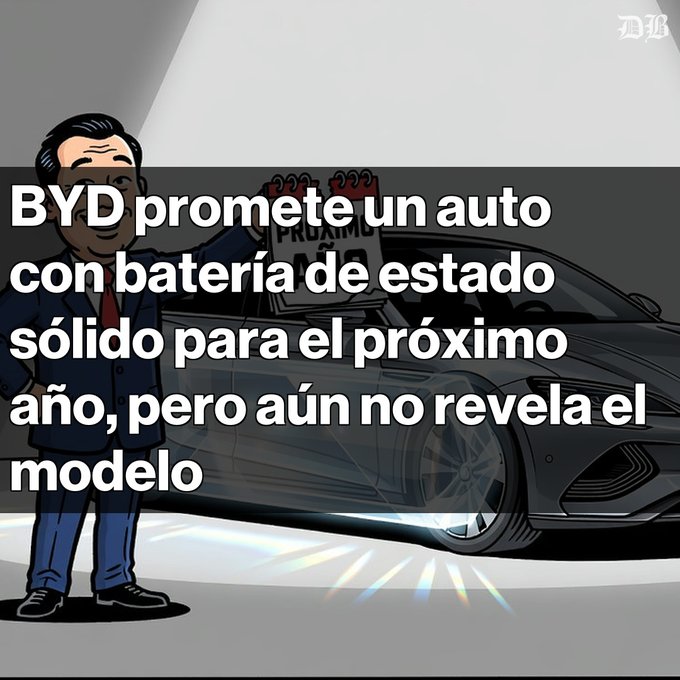 An illustrated news graphic from 'DB' showing a cartoon figure beside a black sports car with Spanish text reading 'BYD promete un auto con batería de estado sólido para el próximo año, pero aún no revela el modelo' (BYD promises a solid-state battery car for next year, but hasn't revealed the model yet).