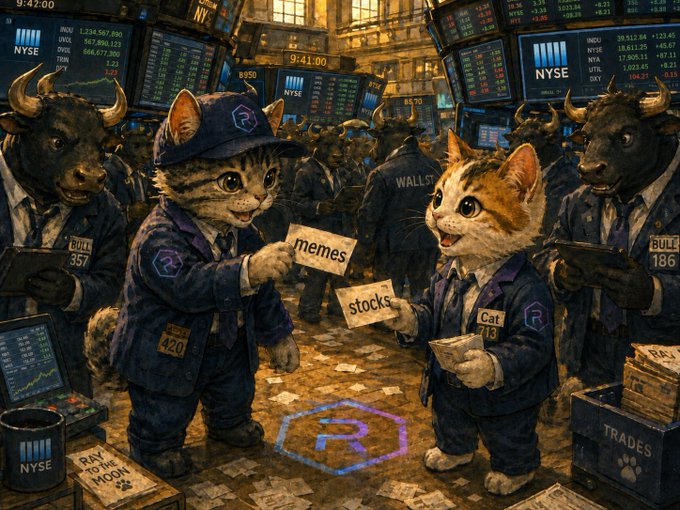 A whimsical illustration shows anthropomorphic cats and bulls on the NYSE trading floor, with a tabby cat in a blue cap trading "memes" for "stocks" with an orange cat, while a can labeled "Ray to the Moon" and a "TRADES" box sit nearby—visually satirizing the rapid, meme-driven crypto exchange between Raydium ($STONK) and StarLaunch ($LaunchOnSF) referenced in the post.