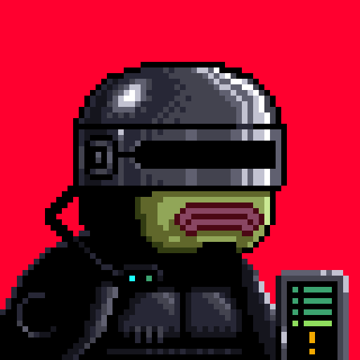 A pixel-art character wearing a black helmet and green face visor, with a device on their chest, is displayed against a red background.