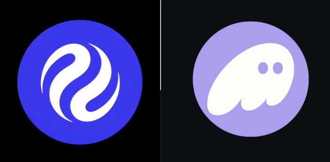 Two cryptocurrency logo icons side by side on a black background: a blue circle with a white wave-like 'S' symbol on the left, and a light purple circle with a white ghost-like character on the right.
