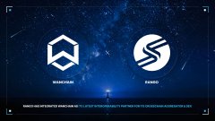 A promotional graphic featuring the Wanchain and Rango Exchange logos side-by-side on a dark blue background, announcing the integration between the two platforms for cross-chain swap accessibility. A small registration notice appears at the bottom referencing FINRA registration.