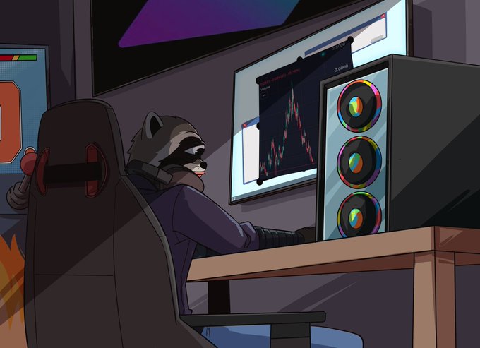 An anthropomorphic raccoon wearing a hoodie sits at a gaming setup intently watching a cryptocurrency trading chart displayed on his monitor, with a PC tower featuring rainbow-lit RGB fans beside him. The chart shows a prominent upward trend, visually reinforcing the post's claim about $RAKO's bullish price movement and the trader's confident expectation of further gains.