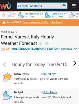 A mobile weather app screen showing 'Ferno, Varese, Italy Hourly Weather Forecast' from 'MALPENSA INTL AIRPORT STATION', with today's forecast showing partly cloudy skies and high of 27C.