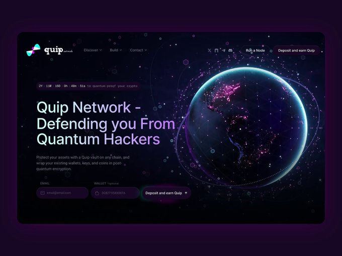 A website screenshot for 'Quip Network' with the headline 'Defending you From Quantum Hackers', showing an email signup and 'Deposit and earn Quip' button against a space-themed background.