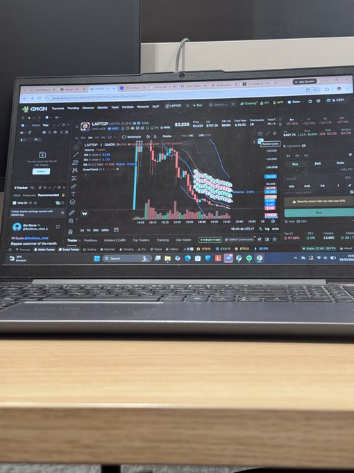 A laptop displays a trading chart on the GNGN exchange showing the LAPTOP/USDT pair with a price of $3.230, featuring candlestick patterns and trading options on the right side.