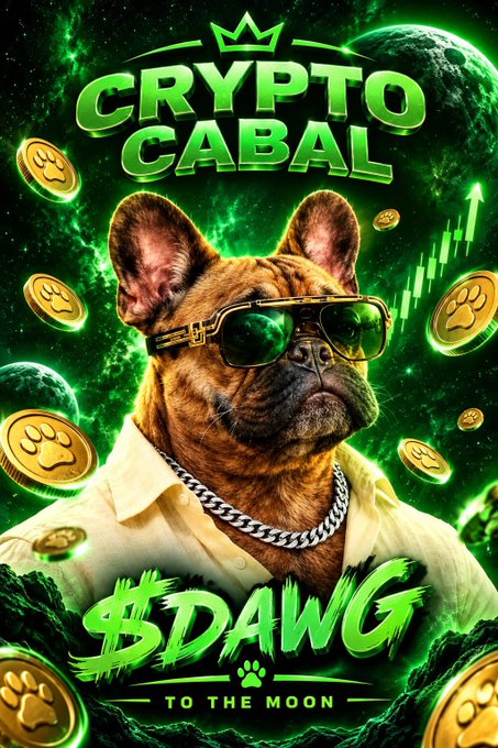 A stylized promotional graphic titled 'CRYPTO CABAL $DAWG TO THE MOON' featuring a French bulldog wearing sunglasses and a chain necklace against a green cosmic background with dogecoin tokens.