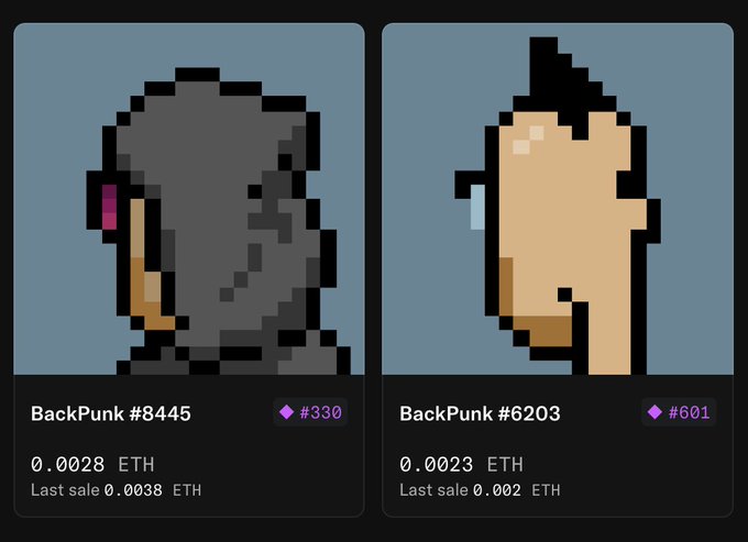 Two pixel-art profile pictures labeled 'BackPunk #8445' and 'BackPunk #6203' displayed on an NFT marketplace, with the left listed at 0.0028 ETH (last sale 0.0038 ETH) and the right at 0.0023 ETH (last sale 0.002 ETH).