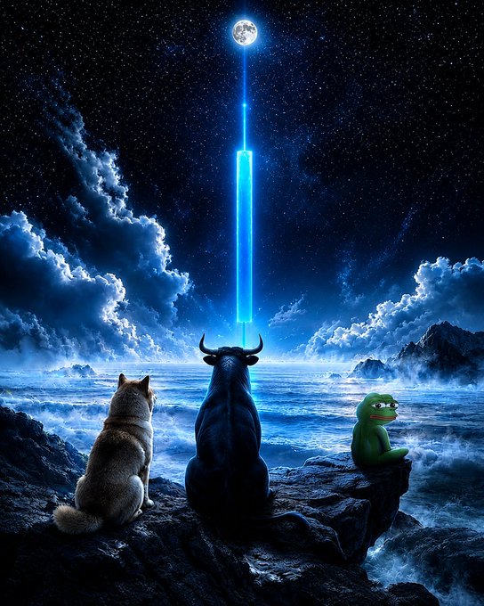 A glowing blue beam connects the moon to a bull sitting between a cat (Kabosu) and Pepe the Frog, all gazing outward as Doge meme heroes watching over the world. The epic sci-fi scene pays homage to Kabosu, the original Doge meme, joined by two other internet-famous mascots.