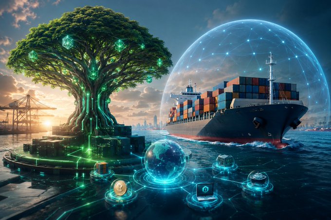 A futuristic digital artwork depicts a glowing tree on a blockchain platform on the left and a large container ship enclosed in a glowing network dome on the right, symbolizing global supply chains and digital trade.