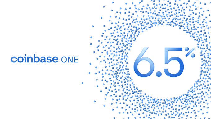 A promotional graphic for 'coinbase ONE' featuring the text '6.5%' surrounded by a swirling circle of blue dots on a white background.