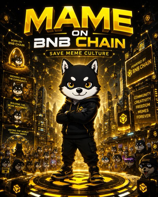 Promotional graphic for 'MAME ON BNB CHAIN' featuring a Shiba Inu-style cartoon dog in a black hoodie, with the tagline 'SAVE MEME CULTURE' and mentions of community, creativity, freedom, and memes.