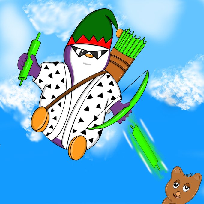 A cartoon illustration of an elf-like character with sunglasses, wearing an elf hat and holding a bow and arrows, floating in the sky while shooting a green energy arrow downward.