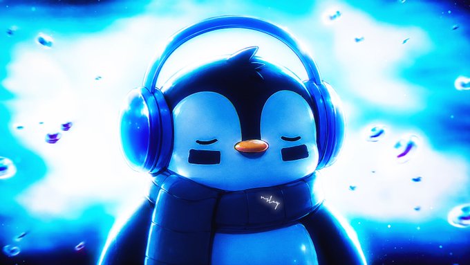 A digital illustration of a penguin character wearing headphones and a puffy vest, set against a vibrant blue glowing background.