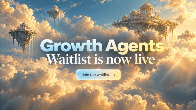 A fantasy landscape with floating islands and golden clouds displays the text "Growth Agents Waitlist is now live" with a "Join the waitlist" button.