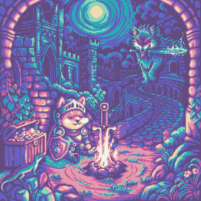 A pixel art illustration depicting a cute cat knight in armor standing before a sword in stone at night, with a castle, treasure chest, and a dragon in the background under a glowing moon.