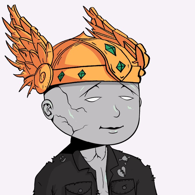 Digital illustration of a stylized gray-skinned character wearing an ornate orange and gold winged crown with green gems, dressed in a black jacket with a broken heart pin.