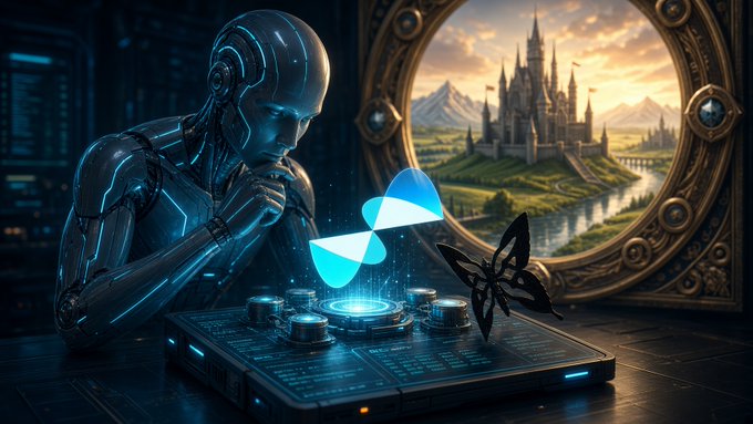 A digital illustration depicts a humanoid robot in a futuristic setting looking out a circular window at a fantasy castle landscape, with glowing blue logos floating above a control console.
