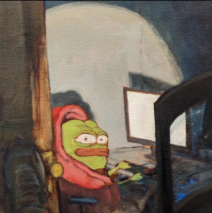A green Pepe the Frog character in a red hood sits at a computer screen with an annoyed expression, depicted in a vintage oil painting style. The meme humorously captures the mood of a reluctant "gm" (good morning) greeting, with Pepe appearing to begrudgingly type or respond to the dreaded crypto Twitter salutation.