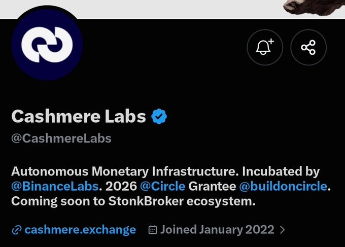 A Twitter profile page for 'Cashmere Labs' (@CashmereLabs) with a blue logo, describing themselves as 'Autonomous Monetary Infrastructure. Incubated by @BinanceLabs. 2026 @Circle Grantee @buildoncircle. Coming soon to StonkBroker ecosystem.' with website cashmere.exchange.