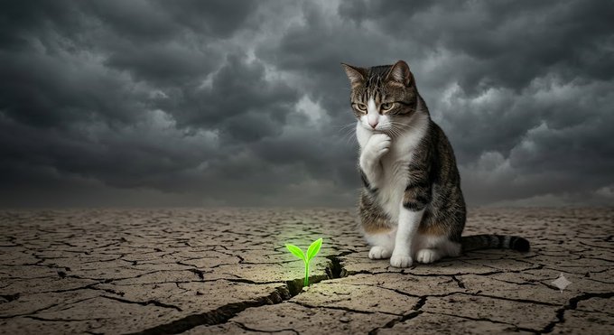 A surreal image of a tabby cat sitting on cracked, dry earth under dark stormy clouds, looking at a small green sprout growing from a crack, illuminated by a beam of light.