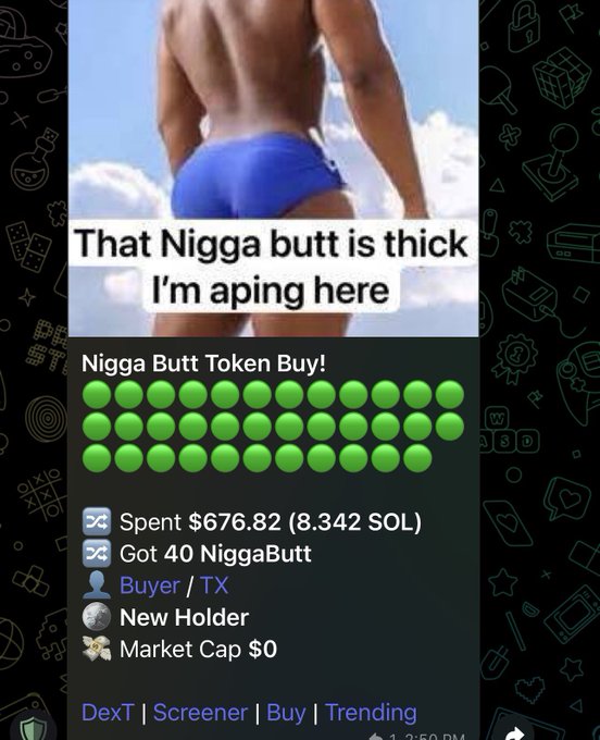 The image features a man wearing a blue swimsuit, with the text "That Nigga butt is thick I'm going to buy! Nigga butt token buy!" displayed above him. The background of the image shows a black screen with various icons such as a thumbs up and a thumbs down symbol, along with some text that reads "niggabutt has officially gone to 0".