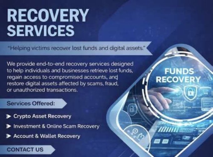 An advertisement banner for 'RECOVERY SERVICES' offering crypto asset recovery, investment and online scam recovery, and account and wallet recovery, with a 'FUNDS RECOVERY' graphic and a 'CONTACT US' button.